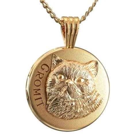 Goldene Halskette mit rundem Anhänger, 3D-Katzenporträt und Gravur Gromit