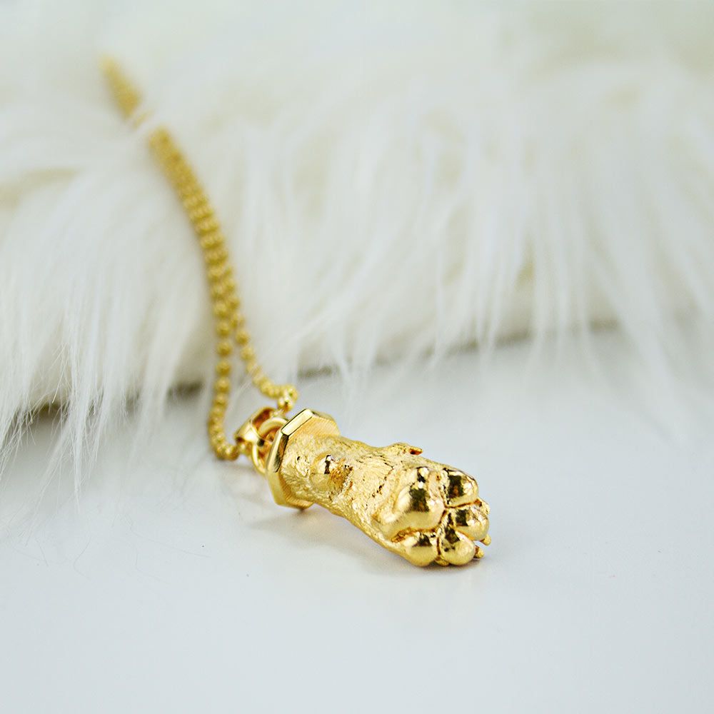 Goldene Halskette mit Pfotenanhänger liegt auf weißem, flauschigem Untergrund