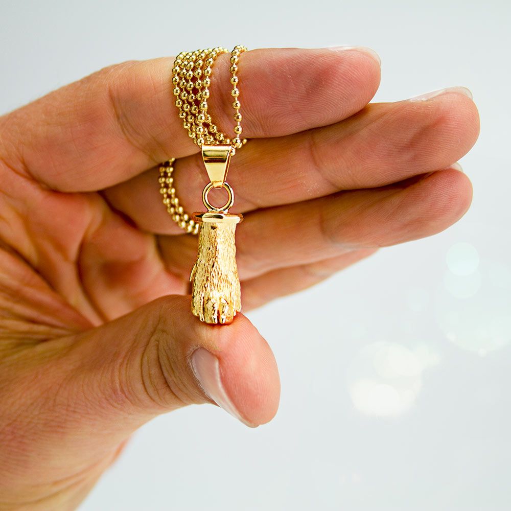 Nahaufnahme einer Hand, die eine goldene Halskette mit einem detaillierten Pfotenanhänger zwischen den Fingern hält