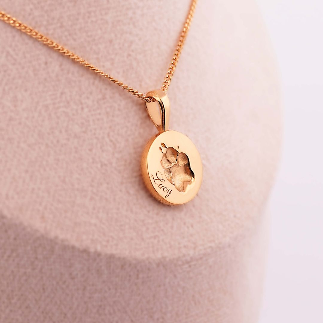 Goldene Halskette mit rundem Anhänger, eingravierte Pfote und Name Lucy, auf beigem Schmuckdisplay