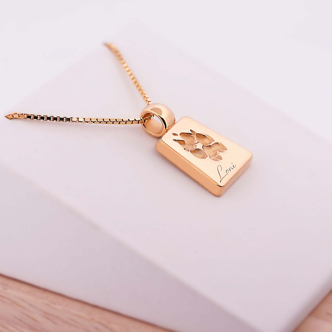 Goldene Halskette mit rechteckigem Anhänger, ausgeschnittener Pfotenform und Gravur Lani, auf weißem Untergrund